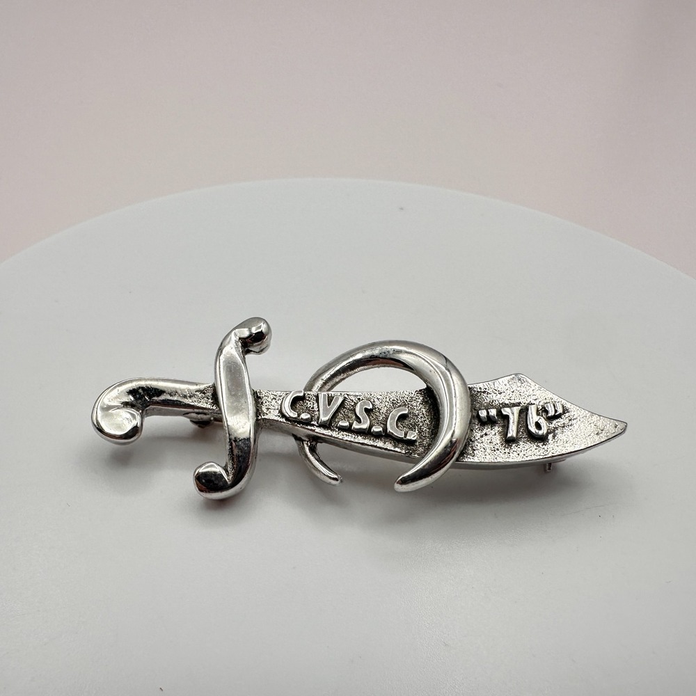 Vintage 70s Scimitar C.V.S.C. Sword Brooch Pin Silver Tone Classic Jewelry